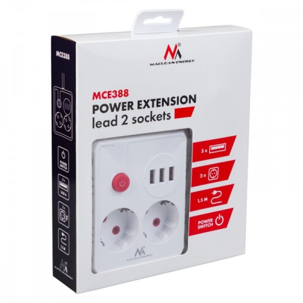 Maclean Listwa zasilająca 2 gniazda MCE387 W 3xUSB, 110-240V AC 50/60Hz, 2.1A max 2500W, 1.5m, biała
