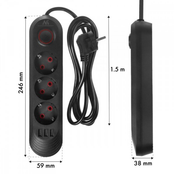 Maclean Listwa zasilająca MCE394 B, 1,5m|3 gniazda + 3xUSB. 110-240V AC 50/60Hz, 2.1A max 2500W, czarna
