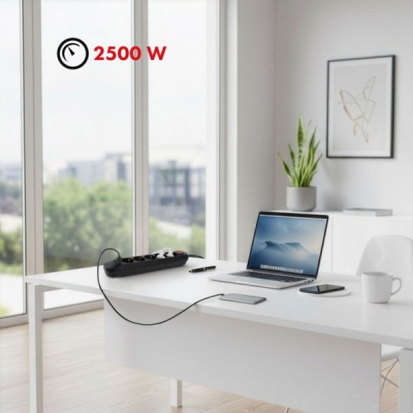 Maclean Listwa zasilająca MCE395 B 5 gniazd 3xUSB, 110-240V AC 50/60Hz, 2.1A max 2500W, czarna