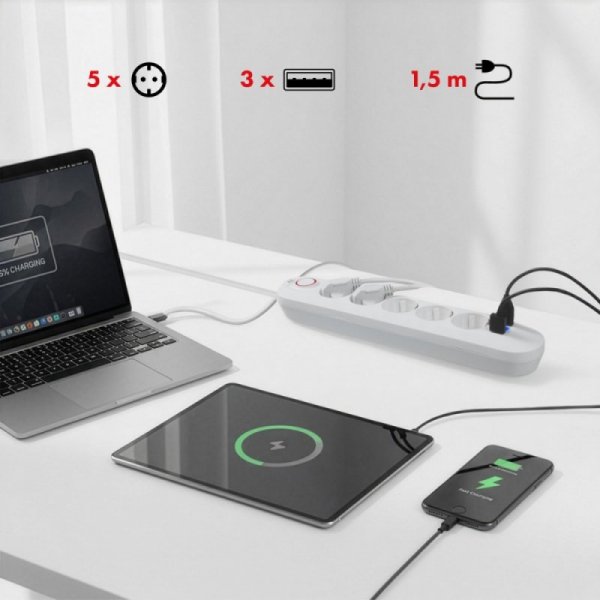 Maclean Listwa zasilająca 5 gniazd MCE395 W 3xUSB, 110-240v AC 50/60Hz, 2,1A max 2500W, biała