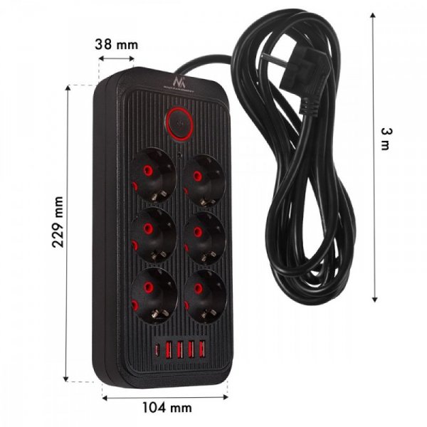 Maclean Listwa zasilająca MCE391 B 6 gniazd 4xUSB-A 1xUSB-C, 110-240V AC 50/60Hz, 2.1A max 2500W, czarna