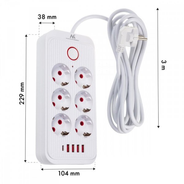 Maclean Listwa zasilająca MCE391 W 6 gniazd 4xUSB-A 1xUSB-C 110-240V AC 50/60Hz, 2.1A max 2500W, biała
