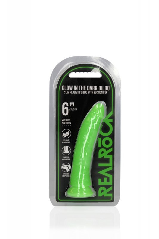 Slim Realistic Dildo with Suction Cup - Glow in the Dark - 6&#039;&#039; / 15,5 cm