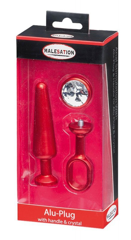 MALESATION Alu-Plug with handle & crystal medium, red