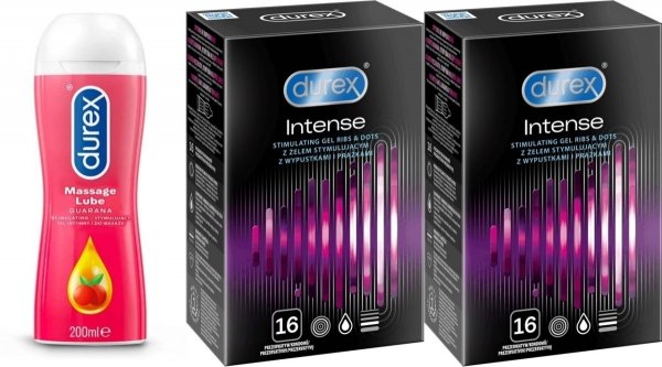 zestaw 2 x  Durex prezerwatywy Intense 16 szt + Durex Play 2w1 żel do masażu z guaraną 200 ml.jpg