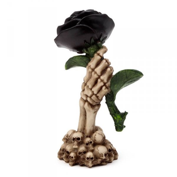 Czarna Róża w Dłoni Szkieletu - figurka dekoracyjna w kształcie kościstej ręki trzymającej czarną różę