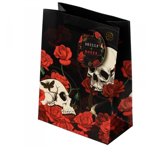 czarna papierowa torebka na prezenty z czaszkami i różami