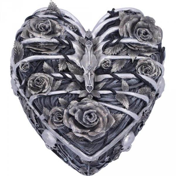 Serce w Klatce - szkatułka w gotyckim stylu w kształcie serca w czaszki, kości i róże