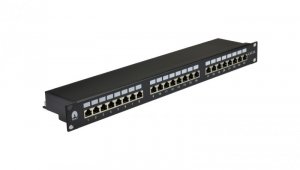 Patch panel RACK 19 cali 1U kat.5e 24p FTP z półką czarny NEKU