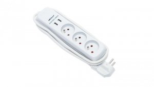 Przedłużacz 3-gniazdowy, +2xUSB 5VDC /2.1A, 1,5m szary, 3x1,0mm OWY / 24205
