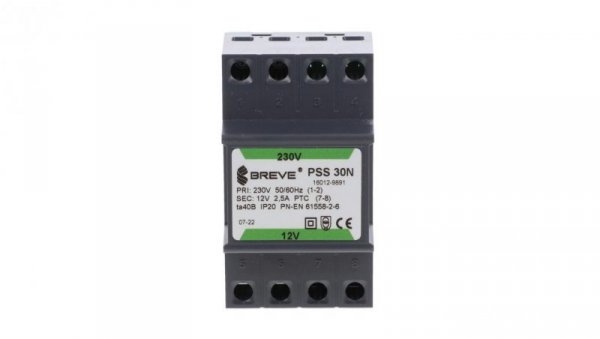 Transformator 1-fazowy modułowy bezpieczeństwa PSS 30N 230/ 12V 2,5A, na szynę DIN, IP20, Ta 40, 16012-9891