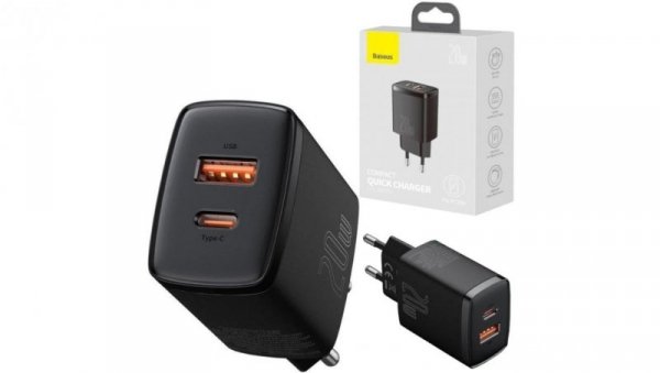 BASEUS Ładowarka sieciowa 1x USB typ-C Quick Charge 3.0 + 1x USB typ-C Power Delivery 3.0 20W