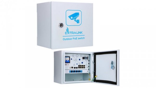 Zewnętrzny switch PoE 8x RJ45 1000Mb/s PoE, 2x SFP, 200W, L2, aktywne chłodzenie Extralink Minos