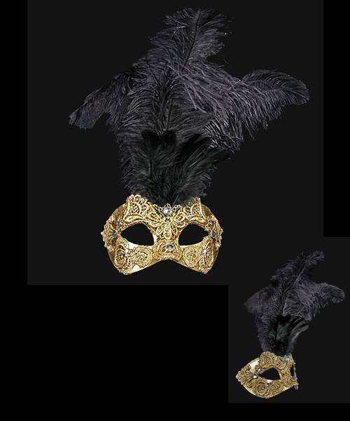 Maska wenecka - Colombina Piume Macramè Gold Black