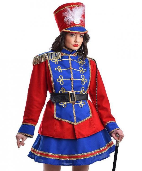 Kostium Dziadek do Orzechów – czerwono-niebieski strój perkusistki, damski, przód i tył