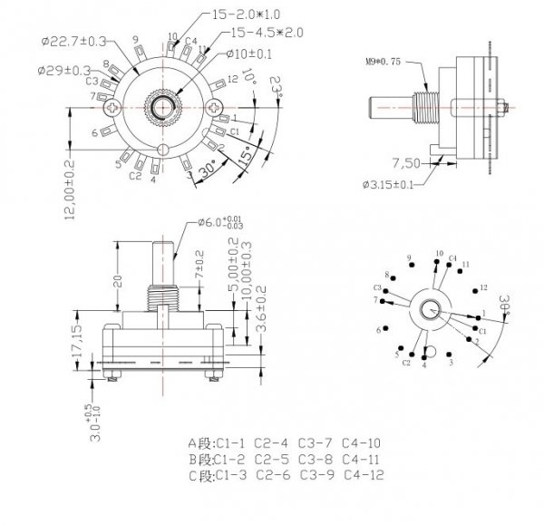 Rotary switch 3 position, 4 pole, 30mm