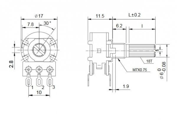 Potentiometer stereo 2x5k/A logarytmic panel, standard