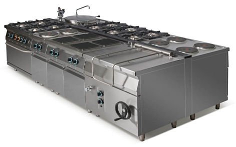 Kuchnia gazowa 6-palnikowa z piekarnikiem elektrycznym z termoobiegiem GN2/1 i szafką L900.KG6 PET+SD Lozamet