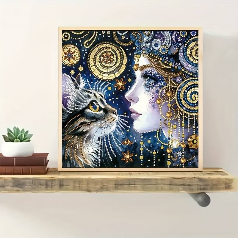Haft Diamentowy Kobieta i Kot - Magia Nocy 30x30 cm