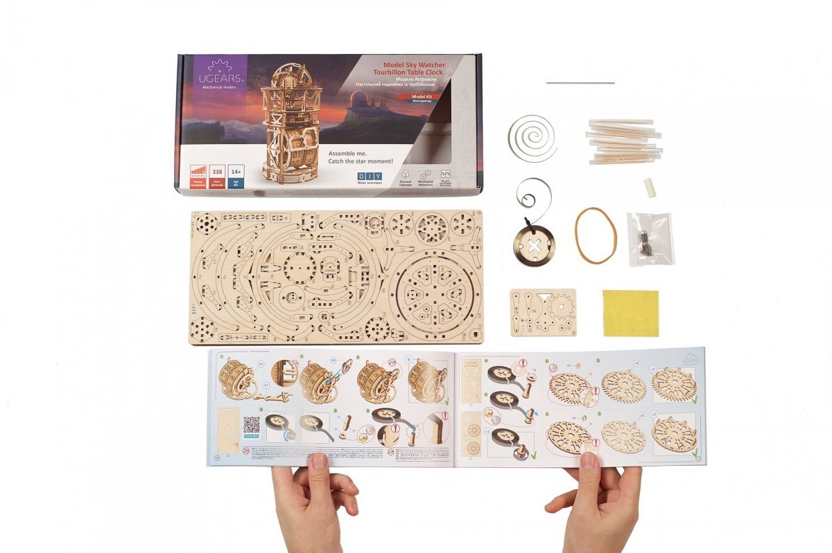 Puzzle 3D Drewniane Sky Watcher. Zegar Stołowy z Tourbillonem uGEARS