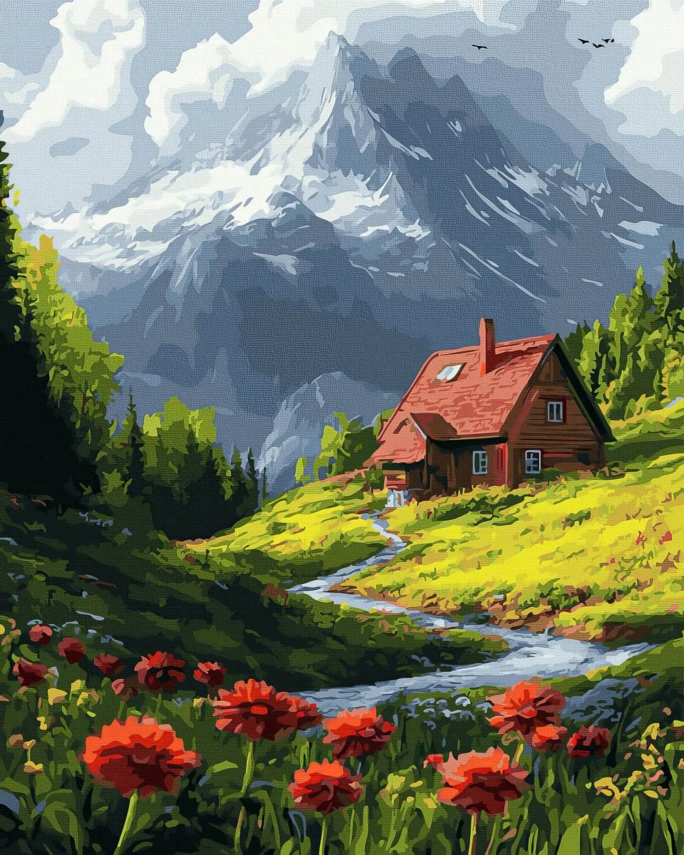 Malowanie Po Numerach Zestaw Dom pośród Łąki 40x50