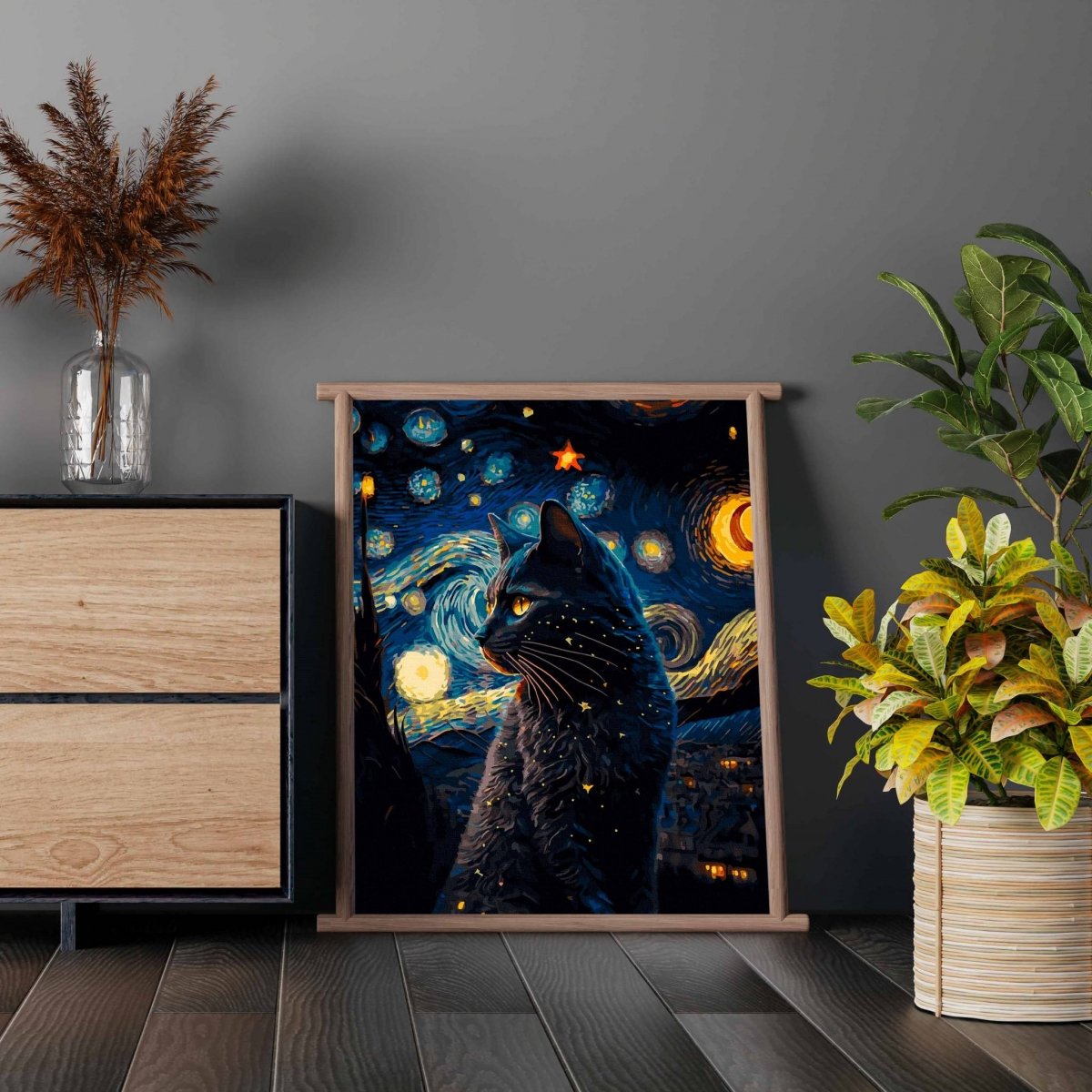 Malowanie Po Numerach Zestaw Czarny Kot i Gwiazdy 40x50