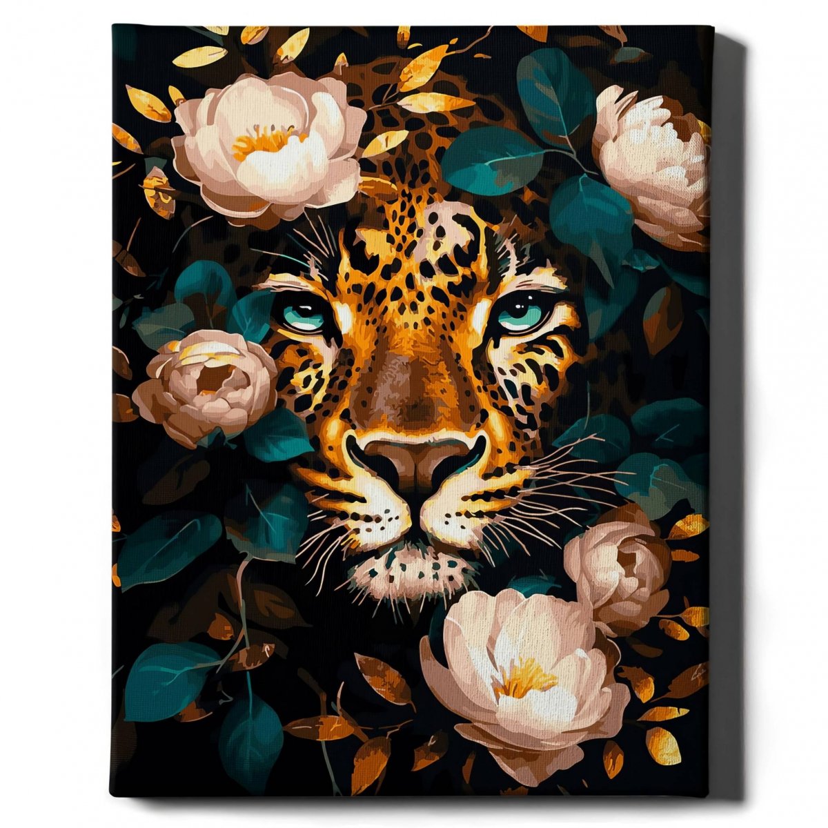 Malowanie Po Numerach Czarne Płótno Zestaw Leopard i Piwonie 40x50