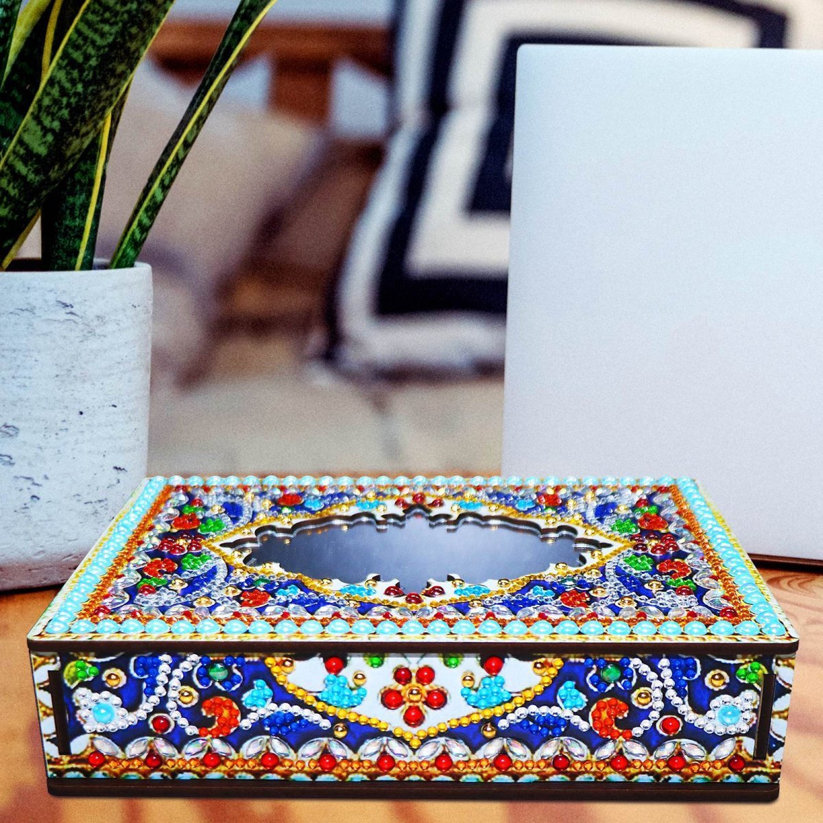 Haft Diamentowy Ozdobne Pudełko Szkatułka Lusterko - Błękitny Ornament
