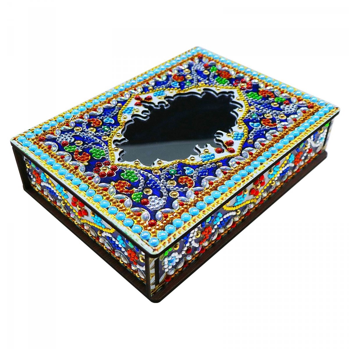 Haft Diamentowy Ozdobne Pudełko Szkatułka Lusterko - Błękitny Ornament