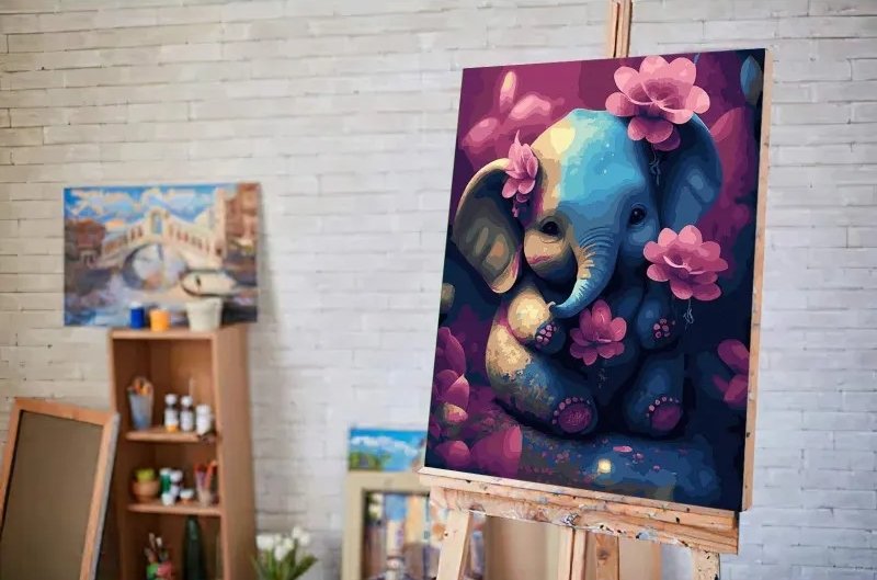 Malowanie Po Numerach Zestaw Słoń z Kwiatami  40x50