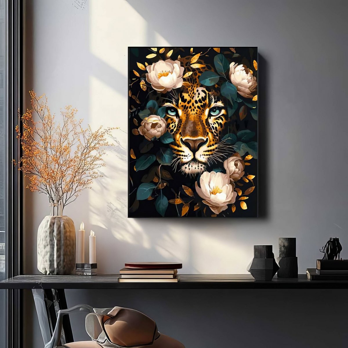Malowanie Po Numerach Czarne Płótno Zestaw Leopard i Piwonie 40x50