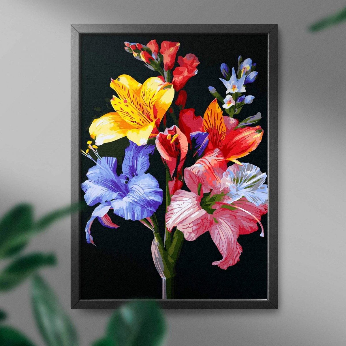 Malowanie Po Numerach Czarne Płótno Zestaw Kolorowe Lilie 40x50