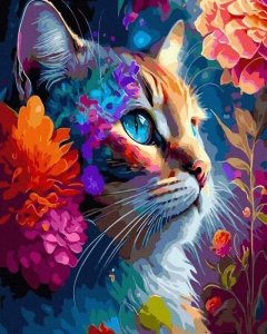 Malowanie Po Numerach Zestaw Kot w Kwiatach 40x50