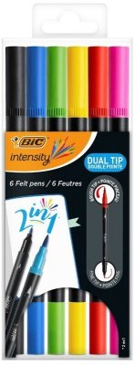 Flamastry dwustronne 6-kol. Intensity Dual Tip z końcówką cienką i pędzelkową, Bic