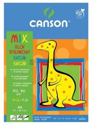 Blok rysunkowy A4 kolor 10 k. + biały 5 k. 80/90g Dino, Canson