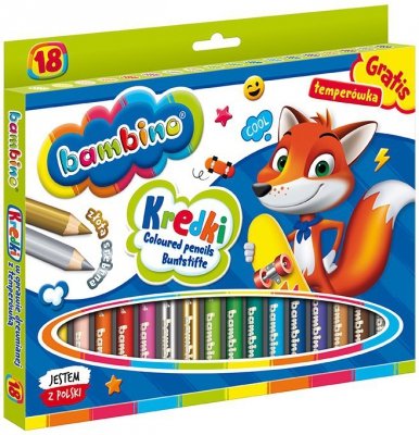 Kredki 18-kol. 15 cm drewniane + temperówka Bambino, St.Majewski