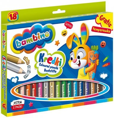 Kredki 18-kol. 15 cm drewniane + temperówka Bambino, St.Majewski