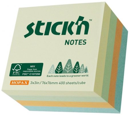 Karteczki samoprzylepne 76X76mm FSC, pastel żół/ziel/pom/nieb. kostka 400 kartek  Stick`n