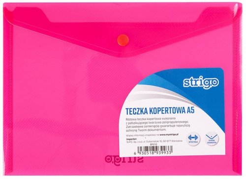 Teczka kopertowa A5 PP pozioma różowa, Strigo
