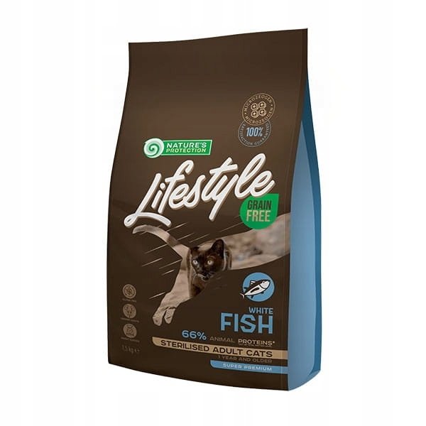 NP Lifestyle bezzbożowa biała ryba karma sucha dla kotów dorosłych 1,5kg