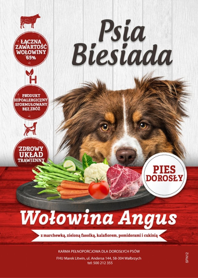 Psia Biesiada Wołowina Angus z marchewką, zieloną fasolką, kalafiorem, pomidorami i cukinią karma dla psów dorosłych średnich i dużych ras, 12kg