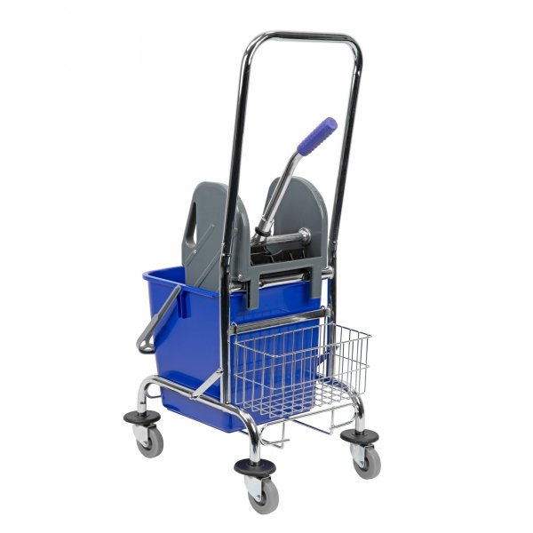 Wózek do sprzątania 25L, niebieski z prasą, uchwytem i koszykiem CleanPRO 354313