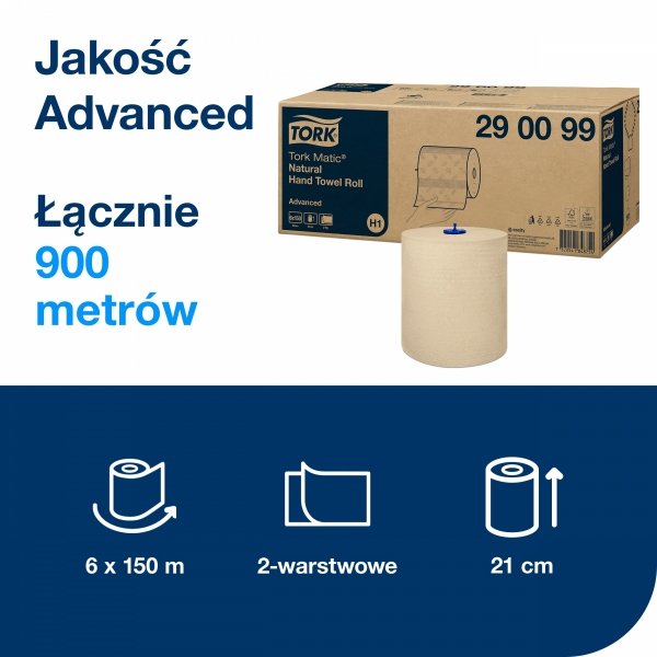 Ręczniki papierowe w roli Tork Matic Advanced H1, 2 warstwowy, naturalny, 6x150m [290099]