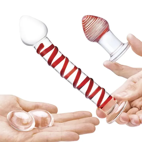 Szklane dildo, korek analny i jajeczka - Glas Mr. Swirly Set