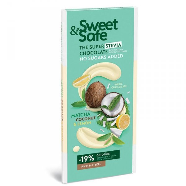 Czekolada biała - matcha, kokos i cytryna, słodzona stewią Sweet&Safe, 90g