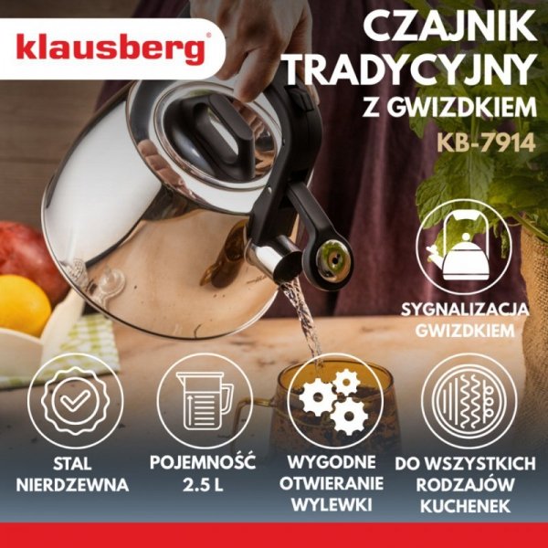 CZAJNIK STALOWY Z GWIZDKIEM 2,5L KLAUSBERG KB-7914