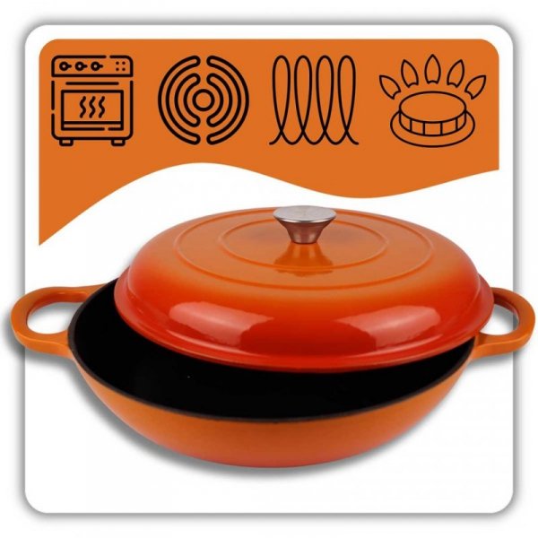 EMALIOWANY GARNEK ŻELIWNY PŁASKI 30cm 3L HAGE ORANGE