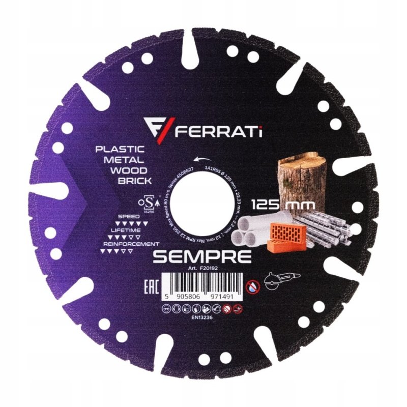 Ferrati Tarcza Diamentowa 125mm tnie Beton Żeliwo Guma Plastik Drewno Blach