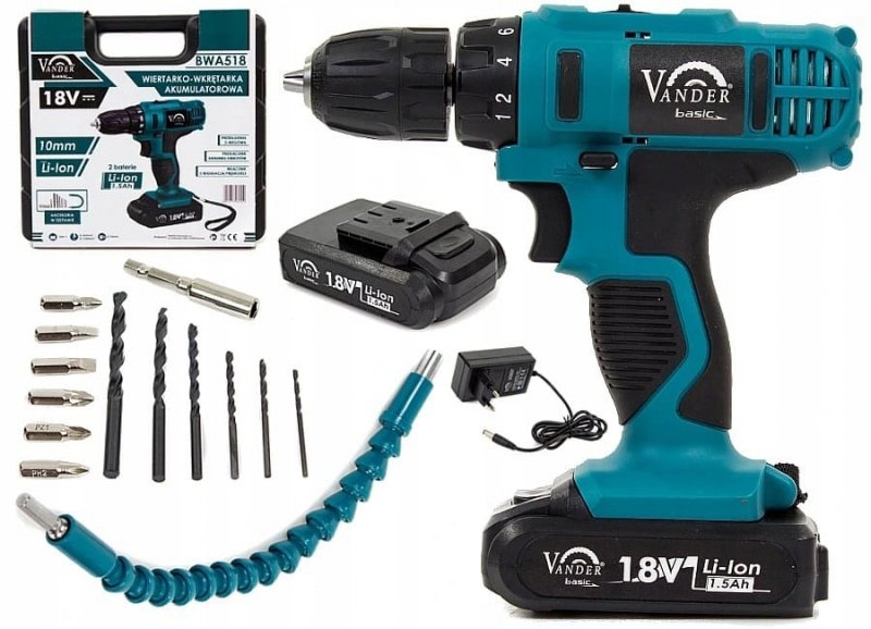 Wiertarko wkrętarka 18V 2x1,5Ah + osprzęt VANDER