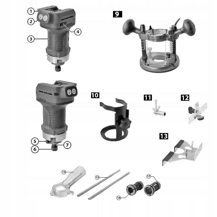 FREZARKA Górnowrzecionowa akumulatorowa AKU+ 18V 6/8mm Przystawki Vander